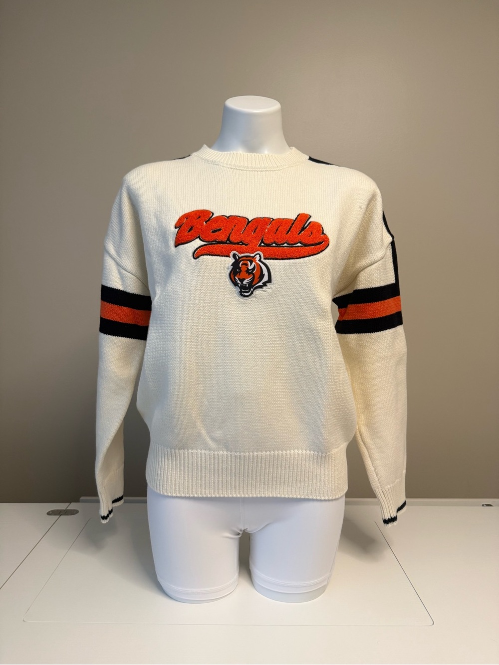 Women's Cream Crewneck Sweater with Orange & Black Team Script